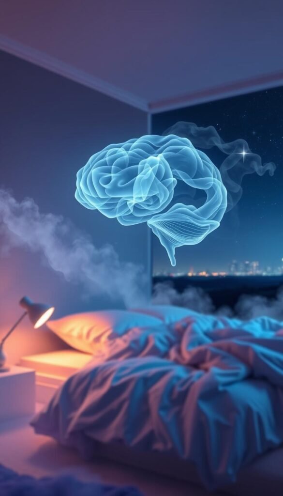 a serene, atmospheric scene of the science behind sleep and color. in the foreground, a cozy bedroom with a plush, inviting bed surrounded by soft, muted hues of blue and purple - colors known to promote relaxation and restfulness. the room is bathed in a gentle, warm glow from a bedside lamp, casting a soothing ambiance. in the middle ground, wispy clouds of REM-stage brain activity swirl and dance, visualizing the complex neurological processes that govern our sleep cycles and the importance of color in this natural phenomenon. in the background, a starry night sky stretches out, hinting at the mysteries of the universe and our connection to the natural rhythms of the world. the overall mood is one of tranquility, harmony, and the profound science behind a good night's sleep.