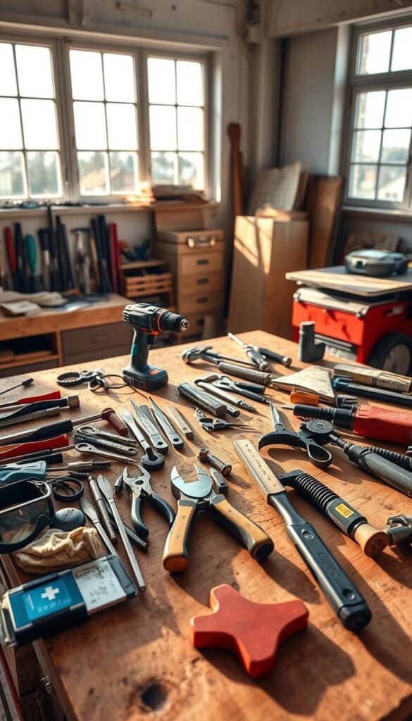 a well-organized workbench in a bright, airy workshop, featuring a variety of DIY tools and safety equipment: a power drill, screwdrivers, pliers, and a hammer neatly arranged, alongside goggles, gloves, and a first-aid kit. The tools are illuminated by natural light streaming in from large windows, casting warm shadows and highlighting the textures of the wood and metal. The overall scene conveys a sense of organization, practicality, and safety, suitable for a DIY project in the bedroom.