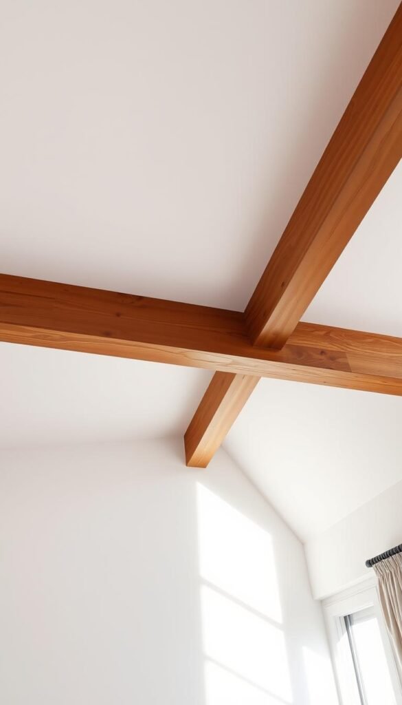 bedroom ceiling with natural light streaming in, warm wooden beams and white painted drywall, soft neutral color palette, minimalist modern design, subtle texture and sheen, high angle view focusing on the ceiling, peaceful and serene atmosphere, 4k ultra high definition, photorealistic