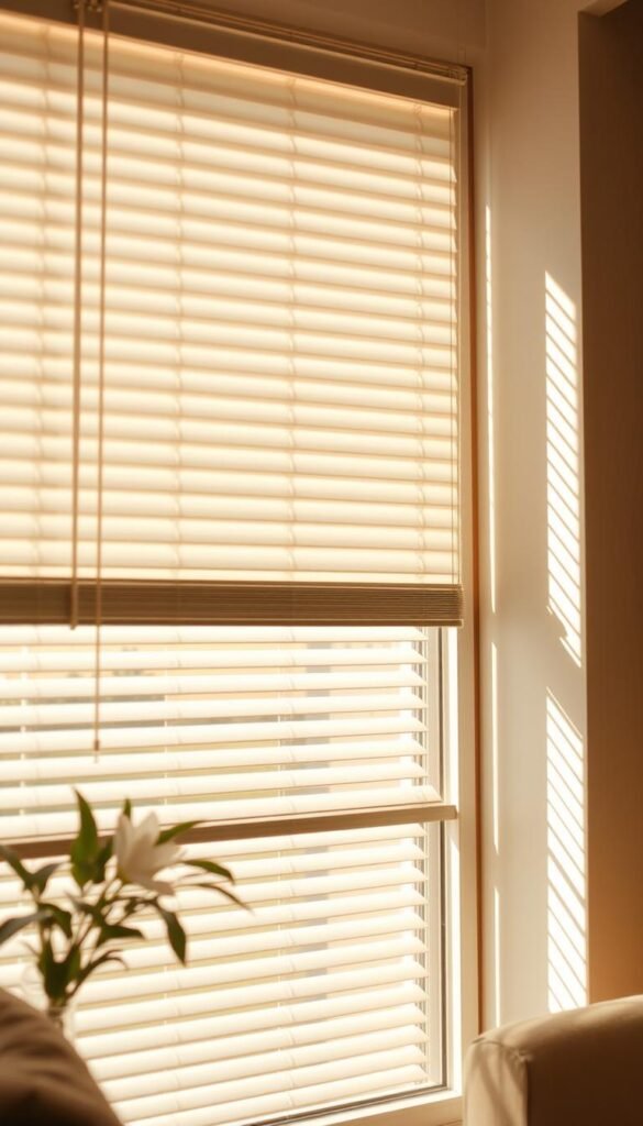 high-quality detailed image of a room interior with a large window, featuring precision-controlled blinds that allow for customized light control and privacy. The blinds are clean, modern, and made of high-quality materials. The room is bathed in soft, warm lighting that creates a cozy, relaxing atmosphere. The blinds are partially opened, allowing a balanced amount of natural light to filter in and illuminate the space. The camera angle captures the blinds at an angle that showcases their intricate mechanisms and adjustability. The room's furnishings and decor complement the clean, minimalist aesthetic of the blinds, creating a cohesive and visually appealing scene.