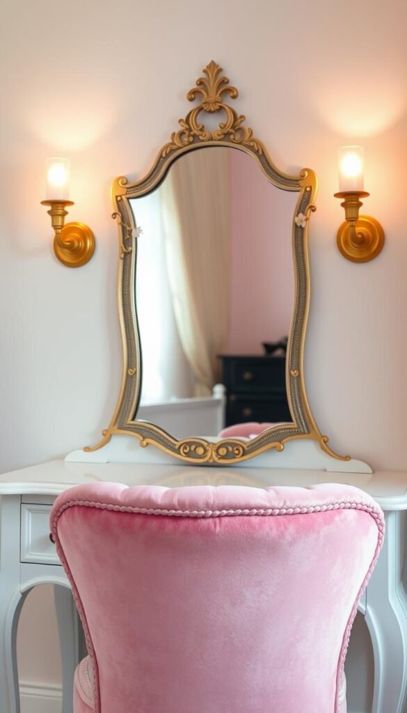 A beautifully crafted vanity mirror sits atop a delicate white vanity table, illuminated by warm golden sconces that cast a gentle glow. The mirror's surface is edged in intricate metalwork, reflecting the room's soft pastel hues. Subtle floral decals adorn the mirror's frame, adding a touch of whimsy. In the foreground, a plush velvet chair in a soothing shade of pink invites the user to sit and primp. The overall scene evokes a serene, feminine atmosphere, perfectly complementing a young girl's bedroom.
