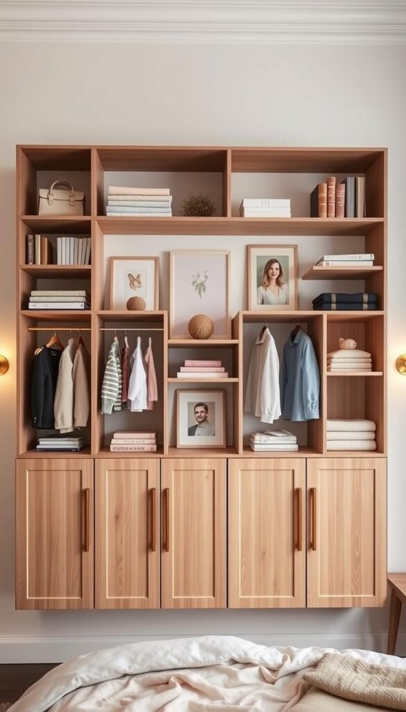 A beautifully curated wall-mounted bedroom storage solution with a mix of open shelves, cubby compartments, and sleek cabinet doors. The arrangement is symmetrical and visually balanced, showcasing various storage options for clothes, books, and decor. Soft, warm lighting from sconces casts a cozy glow, highlighting the natural wood tones and muted pastel color palette. The composition is photographed at a slight angle to capture the depth and dimension of the storage system, set against a clean, minimalist white wall backdrop. An elegant, functional, and inspirational display of vertical space maximization for a girls' bedroom. A beautifully curated wall-mounted bedroom storage solution with a mix of open shelves, cubby compartments, and sleek cabinet doors. The arrangement is symmetrical and visually balanced, showcasing various storage options for clothes, books, and decor. Soft, warm lighting from sconces casts a cozy glow, highlighting the natural wood tones and muted pastel color palette. The composition is photographed at a slight angle to capture the depth and dimension of the storage system, set against a clean, minimalist white wall backdrop. An elegant, functional, and inspirational display of vertical space maximization for a girls' bedroom.