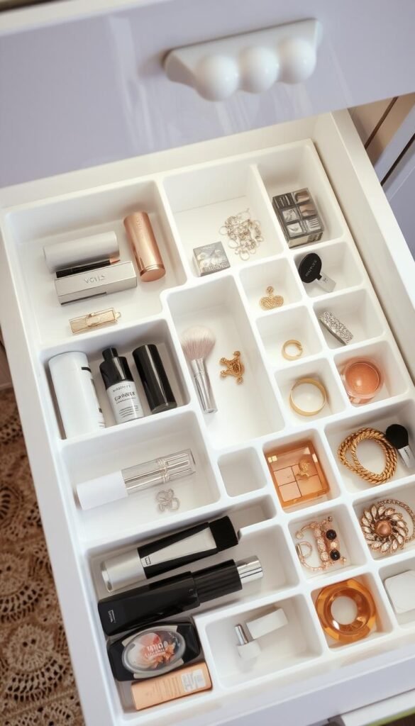 A beautifully organized drawer system, with sleek white dividers neatly compartmentalizing cosmetics, jewelry, and hair accessories. Soft, directional lighting from above highlights the thoughtful arrangement, creating a sense of order and tranquility. The drawer's contents are displayed in a visually appealing manner, with each item easily accessible. The overall effect is one of streamlined elegance, perfectly suited for a stylish girl's bedroom. A beautifully organized drawer system, with sleek white dividers neatly compartmentalizing cosmetics, jewelry, and hair accessories. Soft, directional lighting from above highlights the thoughtful arrangement, creating a sense of order and tranquility. The drawer's contents are displayed in a visually appealing manner, with each item easily accessible. The overall effect is one of streamlined elegance, perfectly suited for a stylish girl's bedroom.