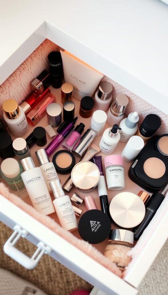 A beautifully organized vanity drawer, with an array of neatly arranged makeup, skincare, and hair care products. The drawer's interior is lined with a soft, plush fabric, creating a luxurious and inviting atmosphere. The lighting is gentle, casting a warm glow that highlights the carefully curated items, from sleek glass bottles to elegant metal compacts. The composition is balanced, with products grouped by category and displayed in a visually appealing manner, conveying a sense of order and tranquility. This meticulously designed vanity drawer exemplifies the perfect blend of functionality and aesthetic appeal, creating a clutter-free and stylish storage solution for a girl's bedroom.