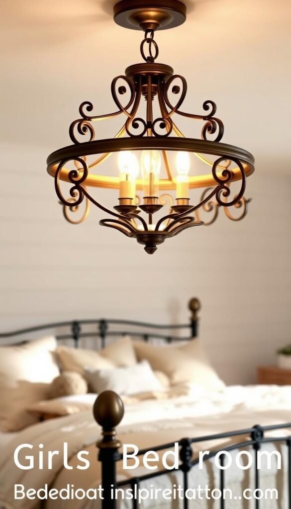 A beautifully rustic, farmhouse-inspired statement lighting fixture in a cozy, inviting bedroom. The fixture has a warm, antique bronze finish with intricate scrollwork and vintage-inspired details. It casts a soft, ambient glow across the neutral-toned room, complementing the shiplap walls, plush bedding, and natural wood accents. The light fixture is positioned prominently above a wrought-iron bed frame, creating a focal point that commands attention while seamlessly blending with the overall farmhouse aesthetic. Subtle shadows and highlights add depth and dimension, capturing the fixture's exquisite craftsmanship. The atmosphere is calming, comforting, and effortlessly chic - a perfect representation of the "Farmhouse Girls Bedroom Inspiration" theme.