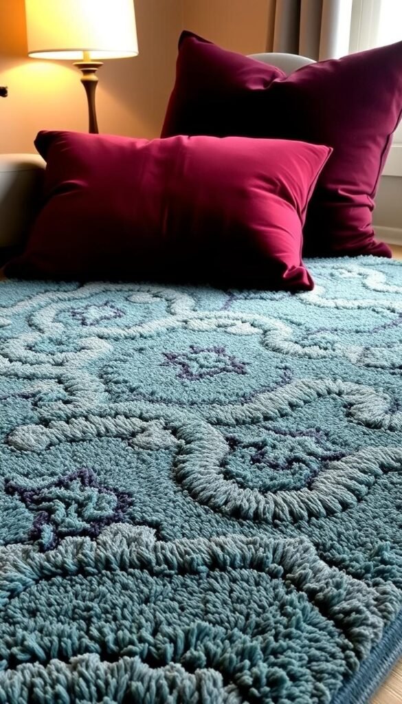 A beautifully textured, plush area rug in shades of teal and gray anchors the cozy scene, its intricate patterns adding visual interest. Atop the rug, a pair of oversized, velvet throw pillows in a rich burgundy hue provide a luxurious contrast. Soft, diffused lighting from a nearby floor lamp casts a warm, inviting glow, creating an intimate and relaxing atmosphere. The careful arrangement of these layered textures and colors evokes a sense of comfort and sophistication, making this the perfect space for curling up and unwinding.