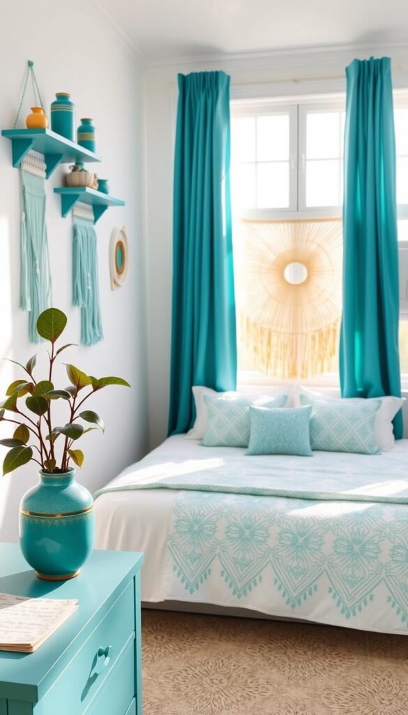 A bright, airy bedroom filled with teal DIY decor projects. In the foreground, a teal bedside table with a lush, leafy plant and a handcrafted teal ceramic vase. On the wall, a teal macrame wall hanging and a set of teal shelves displaying personal trinkets. The middle ground features a teal patterned quilt and throw pillows on a white bed, along with a teal and gold string art piece. The background showcases teal curtains framing a large window, allowing natural light to flood the space and create a serene, calming atmosphere. The overall mood is one of creativity, comfort, and a touch of bohemian flair.