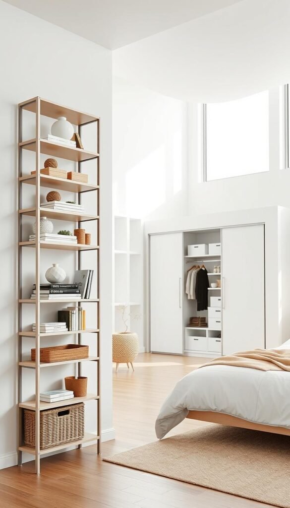 A bright, airy bedroom showcasing sleek, modern vertical storage solutions. In the foreground, a tall, minimalist shelving unit with adjustable shelves spans the wall, neatly displaying decorative items, books, and storage baskets. In the middle ground, a freestanding wardrobe with sliding doors and interior organizers maximizes hidden storage space. The background features a clean, white-walled setting with ample natural light filtering in through large windows, creating a serene, calming atmosphere. The overall composition highlights how thoughtful vertical storage can transform a bedroom, optimizing space and organization.