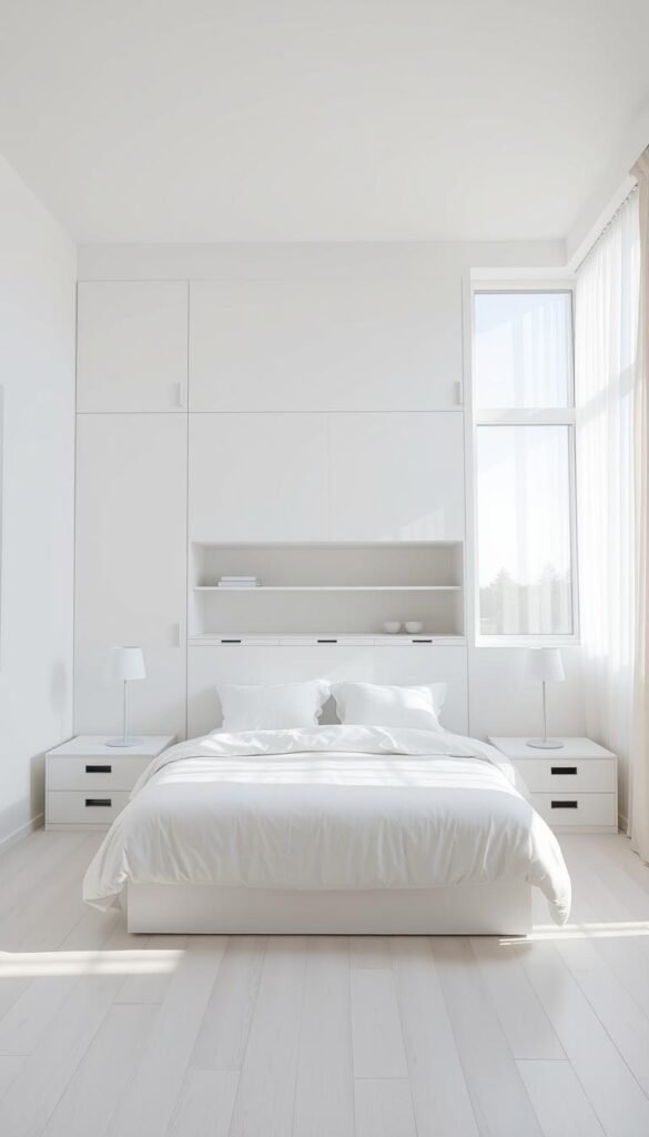 A bright, airy bedroom with an all-white color palette, showcasing clever space-maximizing design. In the foreground, a cozy yet modern double bed with plush bedding and minimal nightstands. The middle ground features sleek built-in shelving and cabinets, providing ample storage. Soft, diffused natural lighting filters in through large, floor-to-ceiling windows, creating a serene, calming atmosphere. The background subtly blends the walls, ceiling, and floors into a cohesive, uninterrupted white canvas, amplifying the sense of space. Harmonious textures like matte paint, polished wood, and sheer curtains add depth. The overall impression is one of simplicity, elegance, and the efficient use of a small footprint.