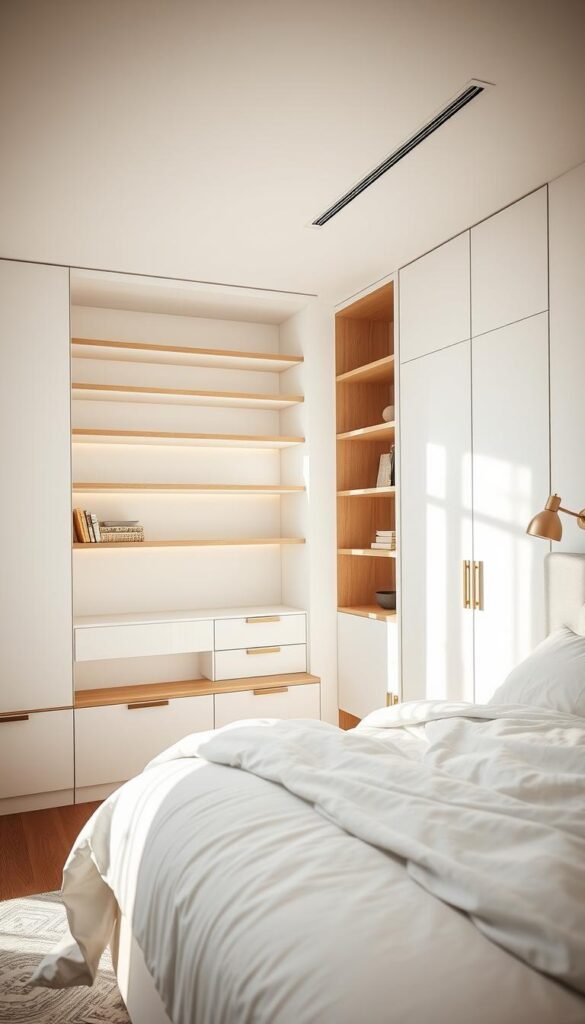 A bright, airy bedroom with clean, minimalist storage solutions elegantly integrated into the wall design. Floating shelves, recessed nooks, and discreet sliding panels in a neutral palette of wood, white, and metallic accents. Soft, diffused lighting creates a calming ambiance, while the composition maintains visual balance and a sense of spaciousness. The layout showcases a harmonious blend of form and function, with every element thoughtfully positioned to maximize storage capacity and enhance the overall aesthetic.