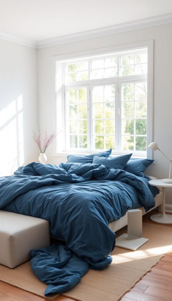 A bright, airy bedroom with crisp white walls, plush blue bedding, and a large window overlooking a sun-dappled garden. Soft, diffused natural lighting illuminates the space, casting gentle shadows. The bed is adorned with layers of luxurious blue textiles, creating a serene and calming atmosphere. A modern white side table and minimalist decor complement the fresh, contemporary design. The room exudes a sense of tranquility and retreat, inviting relaxation and rest.