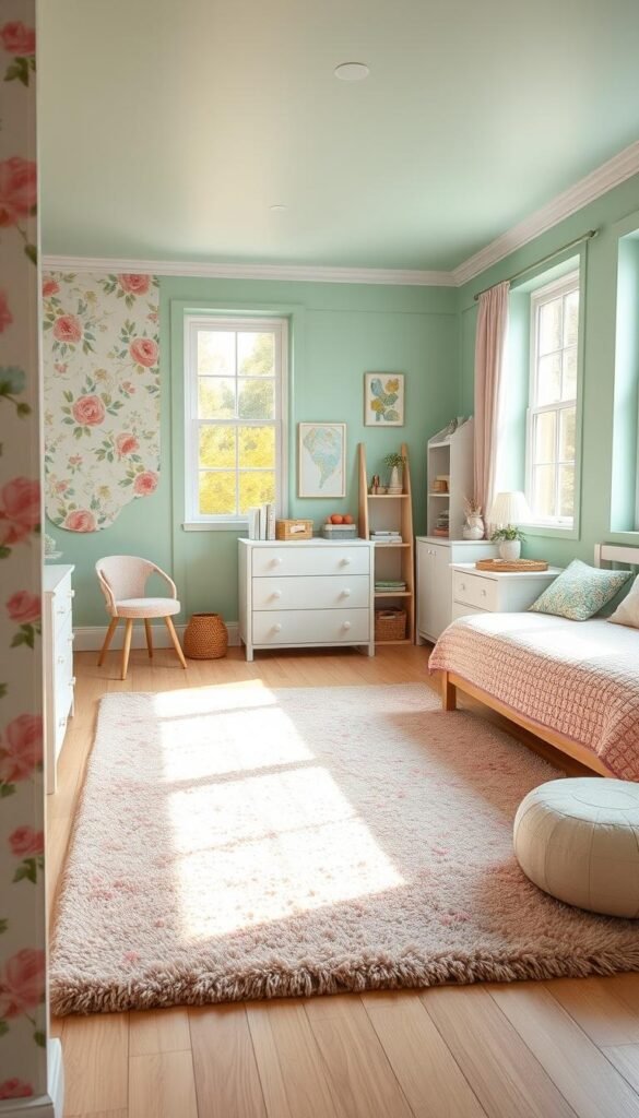 A bright, airy girls' bedroom filled with colors that grow alongside your child. The foreground features a cheerful floral wallpaper with soft pastel blooms, hinting at a youthful, whimsical aesthetic. In the middle ground, a large, plush area rug in a muted yet vibrant color palette grounds the space, complementing the subtle mint green walls. Strategically placed furniture, like a white wooden dresser and bookshelf, provide pops of contrast and functionality. Warm, natural lighting floods the room through large windows, casting a cozy glow and creating an inviting atmosphere. The overall design evokes a sense of timelessness, growing and evolving with your child's changing tastes and needs.