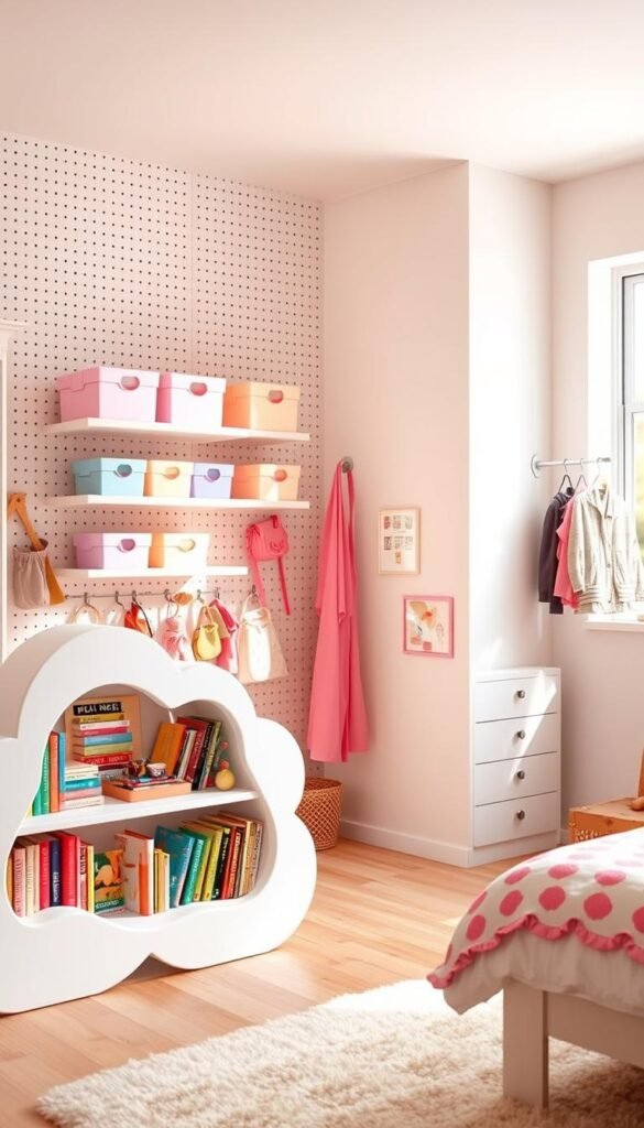 A bright, airy girls' bedroom with colorful, creative storage solutions. In the foreground, a whimsical bookshelf shaped like a cloud, filled with vibrant books and trinkets. Floating shelves in the middle ground display playful baskets and boxes in pastel hues. The background features a pegboard with hooks for hanging clothes, bags, and accessories, all bathed in warm, natural light from a large window. The overall atmosphere is one of organized charm, encouraging a tidy and inspiring space for a young girl to thrive.