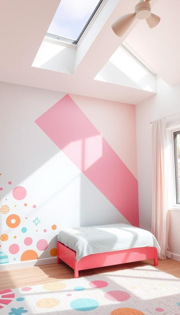 A bright, airy girls' bedroom with vibrant DIY paint techniques adorning the walls. In the foreground, a whimsical mural of playful shapes and patterns in pastel hues dances across the wall, inviting the viewer to explore. In the middle ground, a geometric accent wall features an ombre effect, transitioning from soft pink to vivid coral. The background showcases a brushed metallic finish, casting a warm, shimmering glow. Overhead, natural sunlight streams through large windows, illuminating the space with a cheerful, inviting ambiance. The overall aesthetic is youthful, creative, and empowering - a canvas for self-expression that inspires the imagination.