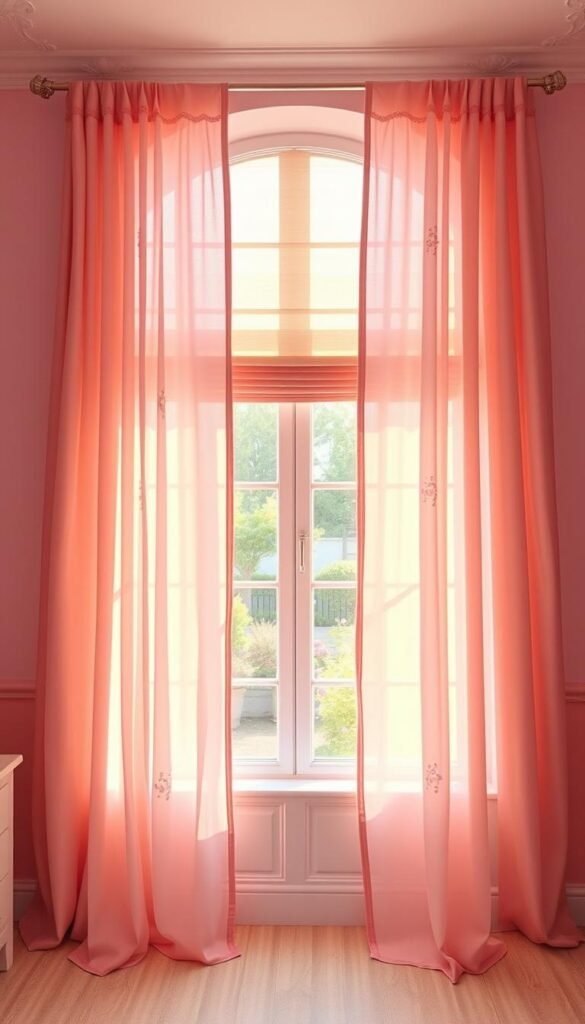 A bright, airy pink girls bedroom with a large window overlooking a lush garden. Sheer, flowing curtains in a soft, romantic shade of pink frame the window, catching the warm afternoon sunlight. Delicate floral patterns and subtle textures add depth and visual interest. The curtains are paired with a simple, minimalist blind system in a matching pastel color, creating a layered, sophisticated window treatment. The overall mood is calming, serene and dreamy, evoking a sense of tranquility and femininity.