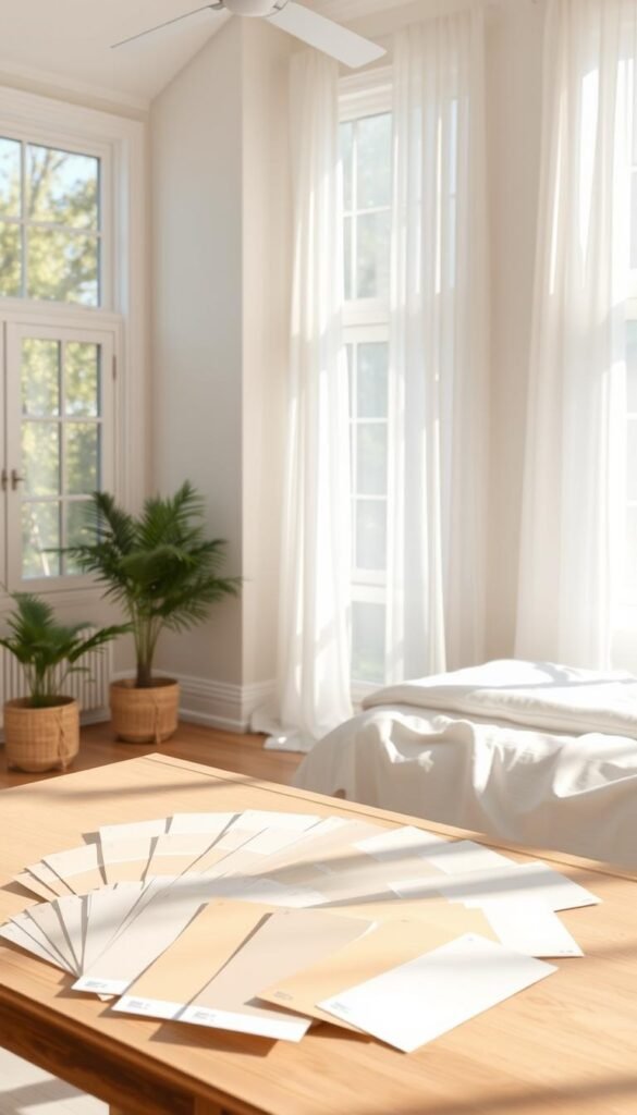 A bright, airy room with large windows allowing natural light to filter in. In the foreground, a table is set with various beige paint swatches, carefully arranged to showcase the subtle nuances between shades. The middle ground features a neutral-toned wall, inviting the viewer to imagine how each beige tone would complement the space. In the background, soft white curtains sway gently, adding a sense of tranquility. The overall mood is one of calm, comfort, and the exploration of the perfect beige hue to create a warm, welcoming atmosphere for a cozy bedroom.