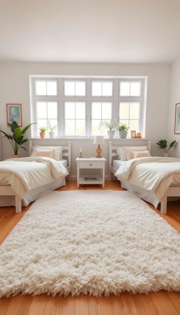 A bright, airy shared bedroom with two twin beds side by side, their matching white and pastel-colored bedding creating a sense of harmony. In the middle ground, a large, plush rug in a soft, neutral tone anchors the space. The room is flooded with warm, natural light from wide windows, casting a cozy glow. Tasteful, complementary artwork adorns the walls, and a small shared nightstand sits between the beds. Potted plants and soft textiles add organic touches, while the overall color palette and clean, minimal design convey a calming, balanced atmosphere suitable for young occupants.