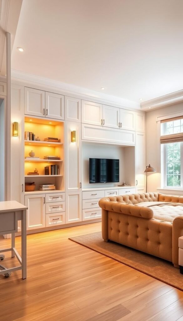 A bright, airy teen bedroom with built-in storage solutions. The focal point is a striking, custom-designed wall unit with recessed shelves, drawers, and cabinets, creating a seamless, clutter-free aesthetic. Warm, indirect lighting from sconces and recessed fixtures casts a cozy glow, complementing the light-colored hardwood floors and crisp, white walls. The room is furnished with a plush, tufted upholstered bed, a sleek, minimalist desk, and a cozy reading nook by the window, all arranged to maximize the sense of space and functionality. The overall atmosphere is one of tranquility and intentional design, reflecting the needs and style of a growing, independent teenager.