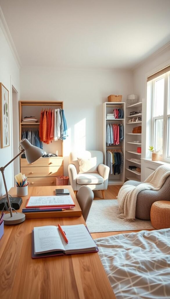 A bright, airy teen girl's bedroom with a curated layout for planning and inspiration. In the foreground, a wood desk with a modern lamp, sketchbook, and art supplies, hinting at creative pursuits. The middle ground showcases a comfy reading nook with a plush armchair and cozy throw blanket. Soft, natural light filters in through large windows, casting a warm glow. The background features a neatly organized closet with hanging clothes, shelves, and storage units, emphasizing organization and functionality. The color palette blends soft pastels and natural tones, creating a serene and inviting atmosphere. A balance of practical and personal elements, this layout embodies the ideal balance for a teen girl's dream bedroom.