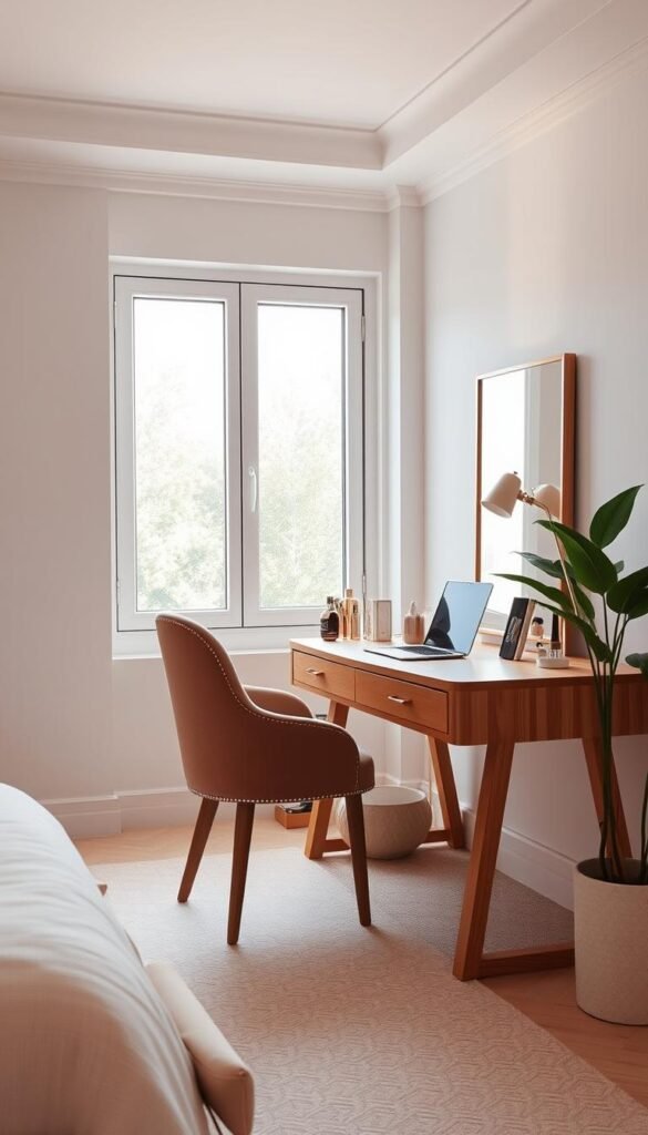 A bright and airy bedroom with a chic vanity-desk combo setup. The foreground features a sleek, wooden vanity with a large mirror, a plush velvet chair, and an assortment of makeup and perfume bottles. The middle ground showcases a matching wooden desk with a modern, minimalist lamp and a laptop, creating a cohesive workspace. The background sets a calming, natural mood with a large window that lets in soft, diffused lighting, and a lush, potted plant in the corner. The overall scene conveys a sense of elegance and functionality, perfect for a stylish girl's bedroom.