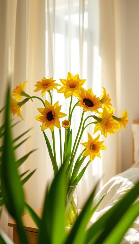 A bright and airy bedroom with fresh yellow blooms adorning the scene. Sunlight streams through gauzy curtains, casting a warm glow on a vase of vibrant sunflowers and daffodils. The flowers stand tall on a wooden nightstand, their petals unfurling with natural grace. Lush green leaves provide a verdant backdrop, complementing the cheerful yellow hues. The overall atmosphere is one of calm serenity, inviting the viewer to embrace the beauty of nature within the comforts of the indoor space.