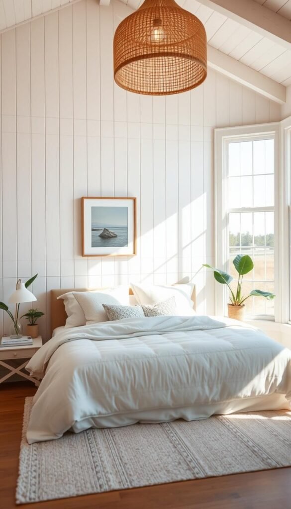 A bright and airy coastal bedroom with a stunning shiplap feature wall. The wall is adorned with clean, whitewashed wooden panels that create a serene and calming backdrop. Soft, natural light filters in through the large windows, casting a warm glow across the room. In the foreground, a plush, light-colored bed is neatly made, accented by cozy coastal-inspired bedding and pillows. Framed seascape art and potted plants add natural touches to the space, while a woven pendant light fixture hangs elegantly overhead. The overall atmosphere is one of relaxation and tranquility, perfectly capturing the essence of a serene coastal retreat.