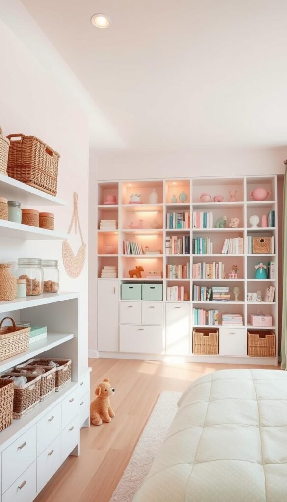 A bright and airy girls' bedroom showcasing smart storage solutions. In the foreground, a beautifully organized collection of woven baskets, jars, and decorative boxes sit atop sleek white shelving units. The midground features a floor-to-ceiling bookshelf filled with pastel-colored books and playful trinkets, casting a warm glow from the recessed lighting above. In the background, a large window floods the space with natural light, illuminating the soft pink and green color palette that permeates the room. The overall atmosphere is one of functionality, style, and youthful whimsy.