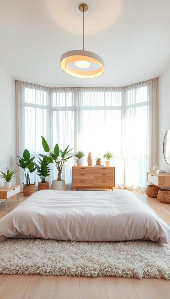 A bright, modern bedroom in 2025 showcasing the latest design trends. In the foreground, a large, soft bedframe in a pastel pink or lavender hue sits atop a plush, shag rug. Suspended above the bed, a sculptural light fixture with gentle curves casts a warm, ambient glow. In the middle ground, a minimalist dresser in a natural wood tone pairs with a sleek, floating nightstand. The background features floor-to-ceiling windows that flood the space with natural light, framed by sheer, flowing curtains. Pops of greenery from potted plants and textural accents like woven baskets add life and coziness to the serene, contemporary setting.