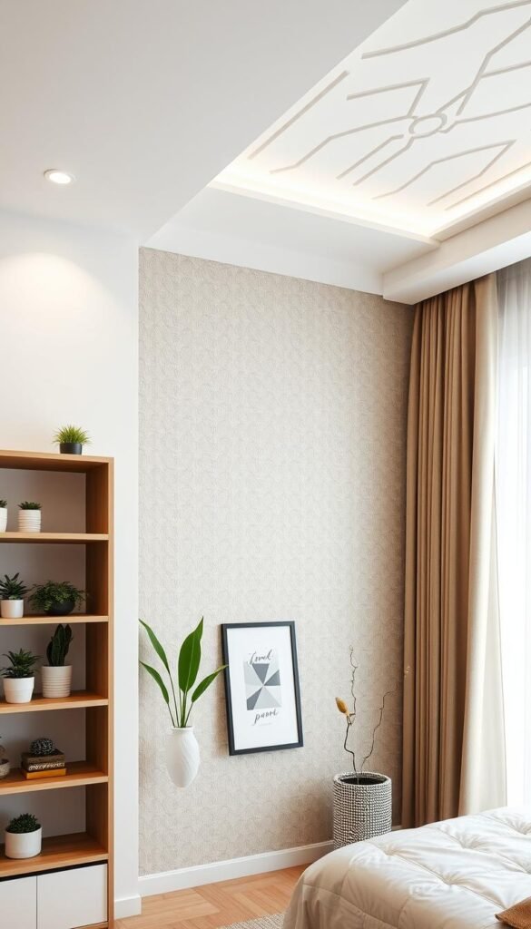 A bright, well-lit vertical bedroom wall and ceiling design featuring a harmonious blend of textures and patterns. The foreground showcases a modern, minimalist shelving system with potted plants, artfully arranged wall decor, and sleek, recessed lighting. The middle ground transitions to a textured wallpaper or painted accent wall, complemented by subtle, geometric ceiling paneling in a soft, muted color palette. The background seamlessly integrates the ceiling with the wall, creating a cohesive, visually striking spatial experience that accentuates the room's vertical proportions and architectural features.