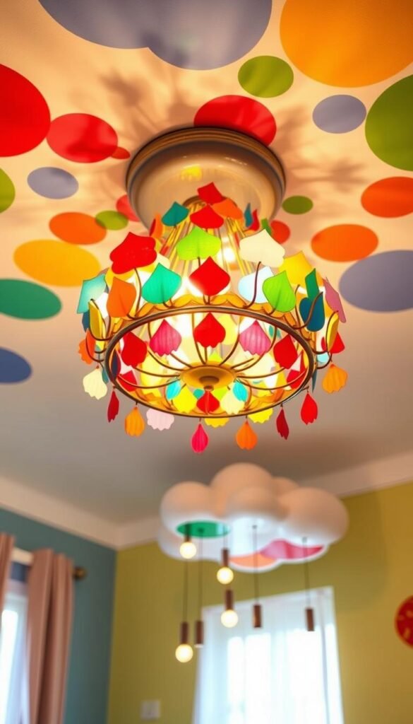 A charming and whimsical statement ceiling fixture for a kids' room, showcasing a vibrant array of colorful, playful shapes and patterns. The scene features a large, eye-catching chandelier-style light, its intricate design evoking a sense of wonder and delight. Suspended from the ceiling, the fixture casts a warm, diffused glow that illuminates the space, creating a cozy and inviting atmosphere. The lighting is complemented by a playful, cloud-like arrangement of pendant lights, adding depth and visual interest to the scene. The overall composition conveys a sense of playfulness and imagination, perfectly suited for a child's personal haven.