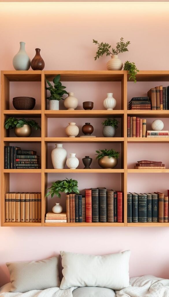 A charming library wall bookshelf design, showcasing a cozy and chic retreat. The shelves are constructed from warm, natural wood, meticulously arranged in a symmetrical grid pattern. Decorative vases, sculptural objects, and lush greenery adorn the shelves, creating a visually captivating display. The background features a soft, pastel-hued wall, complementing the overall feminine and intellectual ambiance. Diffused, warm lighting casts a gentle glow, accentuating the textures and creating a inviting, cozy atmosphere. The shelves are carefully curated, displaying a diverse collection of leather-bound books, their spines in varying shades of beige, burgundy, and navy. This design strikes a perfect balance between sophistication and whimsy, making it an ideal centerpiece for a girly bedroom with a modern twist.
