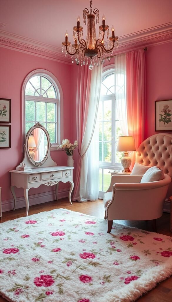 A charming pink-themed bedroom design with a plush floral rug, a delicate crystal chandelier, and a fluffy tuft headboard. Soft, diffused lighting casts a warm glow, creating an inviting and cozy atmosphere. Pastel pink walls are adorned with framed botanical prints, while a large picture window offers a scenic garden view. A vintage vanity table with a mirrored surface sits in the corner, accompanied by a tufted armchair. Sheer curtains billow gently, adding a touch of ethereal elegance to the space.