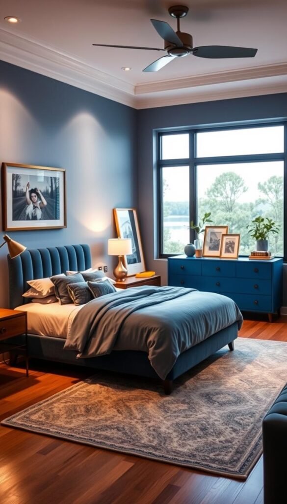 A cohesive blue-themed bedroom with a warm, inviting atmosphere. In the foreground, a plush king-size bed with a tailored blue headboard and matching linen. Flanking the bed are two mid-century nightstands with brass accents. In the middle ground, a sleek dresser in a deep azure hue, topped with potted plants and framed artwork. In the background, a large picture window overlooking a serene outdoor scene, flooding the space with natural light. The room is illuminated by soft, diffused lighting, creating a cozy ambiance. Hints of texture and metallic elements throughout, for a balanced, harmonious design.