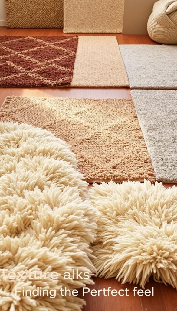 A collection of textured rugs arranged on a hardwood floor, capturing the essence of "Texture Talks: Finding the Perfect Feel". The foreground features an array of plush, shaggy rugs in various neutral tones, their fibers catching the warm, diffused lighting from overhead. In the middle ground, a mix of woven, patterned rugs in earthy hues adds visual interest, their textures inviting the viewer to reach out and touch. The background showcases a selection of solid-colored, low-pile rugs, their smooth surfaces complementing the more tactile options. The overall scene exudes a sense of cozy sophistication, inspiring the viewer to envision the perfect rug to complete their girls' bedroom.