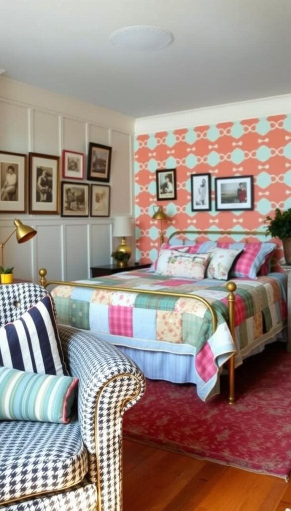 A cozy 1980s preppy bedroom, filled with a vibrant mix of patterns and textures. In the foreground, a plush, tufted armchair upholstered in a houndstooth print, offset by a striped throw pillow. In the middle ground, a brass-framed bed layered with a patchwork quilt in pastel plaids and floral motifs. The background features a paneled wall adorned with framed vintage photographs, complemented by a bold, geometric wallpaper in shades of mint and coral. Soft, warm lighting bathes the scene, creating a inviting, nostalgic atmosphere. Subtle vintage accents, such as a brass desk lamp and a potted plant, add to the timeless, preppy ambiance.
