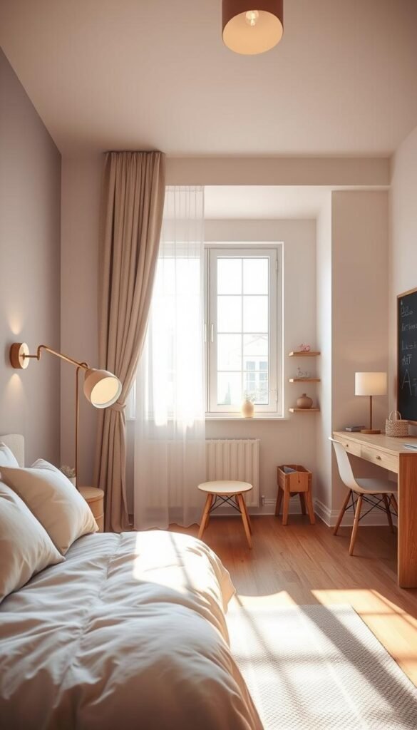 A cozy Scandinavian-inspired girl's bedroom bathed in warm, gentle lighting. The foreground features a comfortable twin bed with soft bedding and pastel-colored pillows. In the middle ground, a large window with sheer curtains diffuses natural daylight, casting a soothing glow. The background showcases minimalist wooden furniture, a small study nook, and a chalkboard wall for creative expression. Strategically placed sconces and table lamps provide focused illumination, creating a harmonious balance between ambiance and functionality. The overall atmosphere is serene, calming, and conducive to rest, play, and learning.