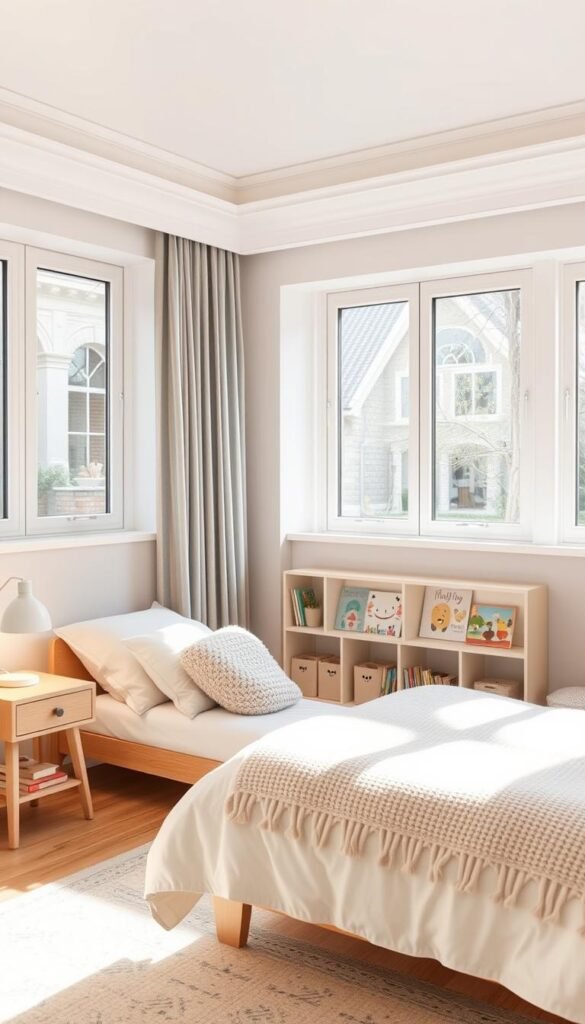 A cozy Scandinavian-inspired kids bedroom with soft pastel hues, natural wood accents, and clean minimalist lines. In the foreground, a small twin bed dressed in crisp white linens and a plush knitted throw. Alongside, a simple wooden nightstand with a gentle lamp casting a warm glow. In the middle ground, a low bookshelf displaying a collection of children's books and playful accessories. The background features large windows letting in ample natural light, brightening the airy space. Subtle patterns, like striped curtains and a patterned area rug, add visual interest without overwhelming the tranquil ambiance. An overall serene, nurturing atmosphere perfect for a Scandinavian girls' bedroom.