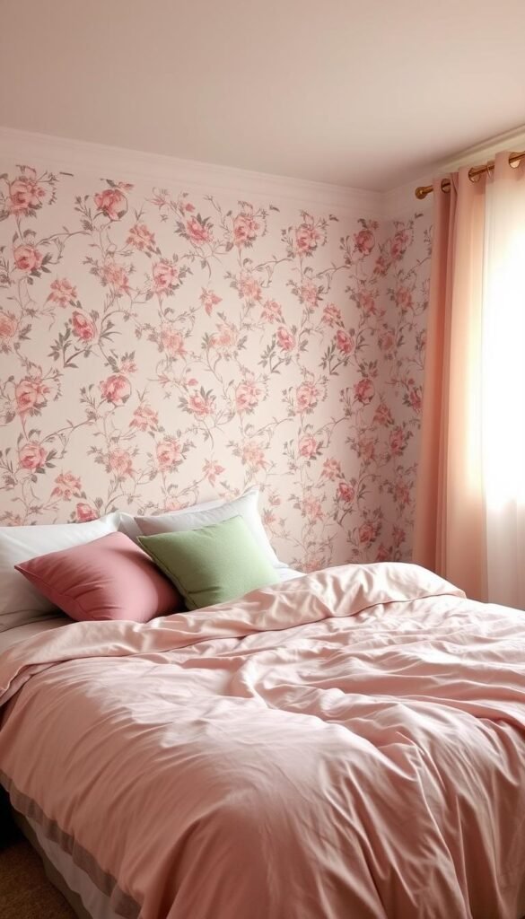 A cozy, aesthetically pleasing teen girl's bedroom with a harmonious color palette. The foreground features a neatly made twin bed with plush duvet covers in soft pastel hues, such as dusty rose, sage green, and pale blue. On the bed, throw pillows in complementary patterns add visual interest. The middle ground showcases a delicate floral wallpaper in muted tones, creating a serene and inviting atmosphere. In the background, a sheer, gauzy curtain in a pale shade filters the natural light, casting a warm, diffused glow throughout the space. The overall vibe is one of tranquility, comfort, and personal style, perfectly capturing the essence of a thoughtfully curated teen girl's bedroom.