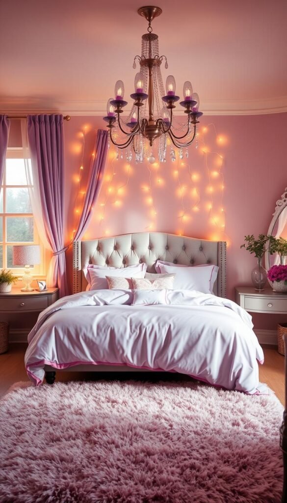 A cozy and feminine bedroom bathed in warm, soft lighting. A modern chandelier casts a gentle glow over a plush, tufted bed adorned with lush, lavender bedding. On the nightstands, delicate glass lamps with shimmering purple shades flank the bed. Wispy fairy lights draped along the headboard and windows add a touch of whimsy, while a fluffy area rug in shades of pink and purple anchors the space. Decorative pillows, potted plants, and a stylish vanity table complete the tranquil, inviting atmosphere.
