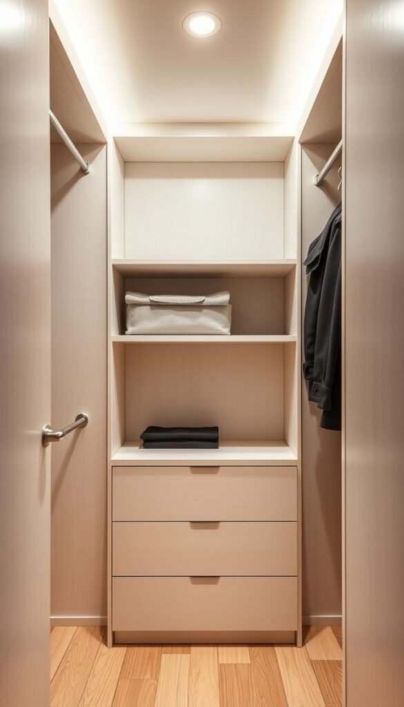 A cozy and functional closet space with a sleek, minimalist dresser tucked away, maximizing the available floor area. Warm, soft lighting from above illuminates the clean lines of the dresser, creating a serene and organized atmosphere. The dresser's neutral color palette blends seamlessly with the closet's interior, giving the impression of a purposeful and carefully curated design. Subtle details like recessed handles and a low profile add to the space-saving aesthetic. The closet's shelving and rods provide ample storage around the dresser, creating a harmonious and efficient storage solution.