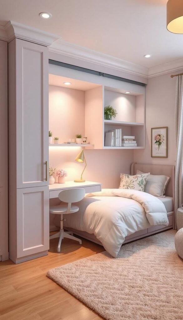 A cozy and functional murphy bed solution nestled in a charming girls' bedroom. The bed is elegantly folded away, revealing a neatly organized study area with a minimalist desk and floating shelves. Soft, pastel-hued walls create a serene atmosphere, complemented by delicate floral accents and a plush area rug. Warm, directional lighting highlights the clever space-saving design, showcasing how this versatile murphy bed transforms the room into a harmonious, multifunctional retreat.