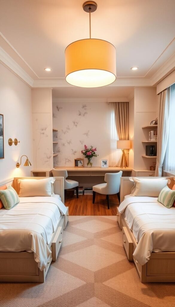 A cozy and functional shared bedroom for two sisters, with distinct and harmonious areas. In the foreground, two twin beds dressed in soft, coordinated bedding, positioned to allow for personal space and privacy. Beneath the beds, custom built-in storage compartments and drawers. In the middle ground, a shared study nook with a spacious wooden desk, comfortable chairs, and ample shelving for books and decor. Warm, ambient lighting from wall sconces and a large, centrally placed pendant fixture. The background features a feature wall with a delicate floral mural, complemented by airy curtains framing the window. The overall atmosphere is one of balance, organization, and sibling harmony.