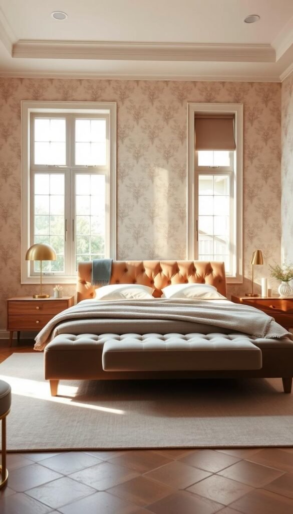 A cozy and inviting 2025 bedroom with soft, muted tones in shades of blush, sage, and champagne. The walls are adorned with a delicate floral wallpaper, casting a warm glow from the natural light streaming in through large windows. A plush, velvet-upholstered bed with a tufted headboard takes center stage, flanked by sleek, minimal wood nightstands. Complementary textures like linen, wool, and velvet add depth and coziness. Subtle metallic accents, such as a brass table lamp and a mirrored dresser, create a refined, elegant atmosphere. The overall mood is serene, sophisticated, and reflective of the latest color trends in bedroom design.