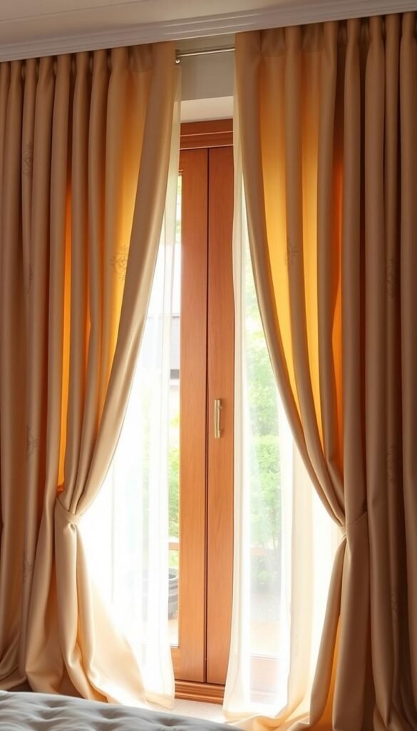 A cozy and inviting bedroom curtain scene. In the foreground, luxurious floor-length curtains in a soft, warm beige shade cascade elegantly, their fabric flowing and billowing gently. The curtains are adorned with delicate embroidered patterns that add visual interest and a touch of sophistication. In the middle ground, the curtains are partially drawn, allowing a soft, diffused natural light to filter in, creating a warm, ambient glow. The background features a window with a wooden frame, overlooking a tranquil outdoor scene with lush greenery. The overall mood is one of comfort, relaxation, and refined style, perfectly complementing the cozy atmosphere of the bedroom.