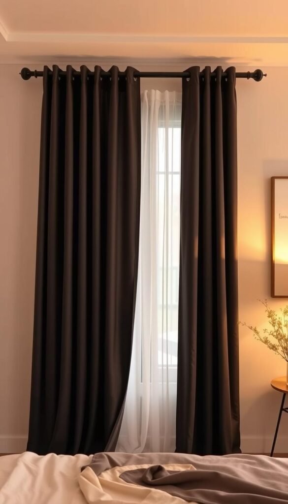 A cozy and inviting bedroom featuring a pair of sleek blackout curtains in a rich, velvety charcoal hue. The curtains are elegantly draped, creating a serene and relaxing atmosphere. The fabric cascades softly, framing the window and ensuring a peaceful, undisturbed sleep. Delicate sheer panels peek through, adding a touch of ethereal elegance. Warm, diffused lighting illuminates the room, casting a gentle glow and creating a soothing ambiance. The curtains are the focal point, complemented by a neutral color palette and minimal decor, allowing the blackout fabric to shine.