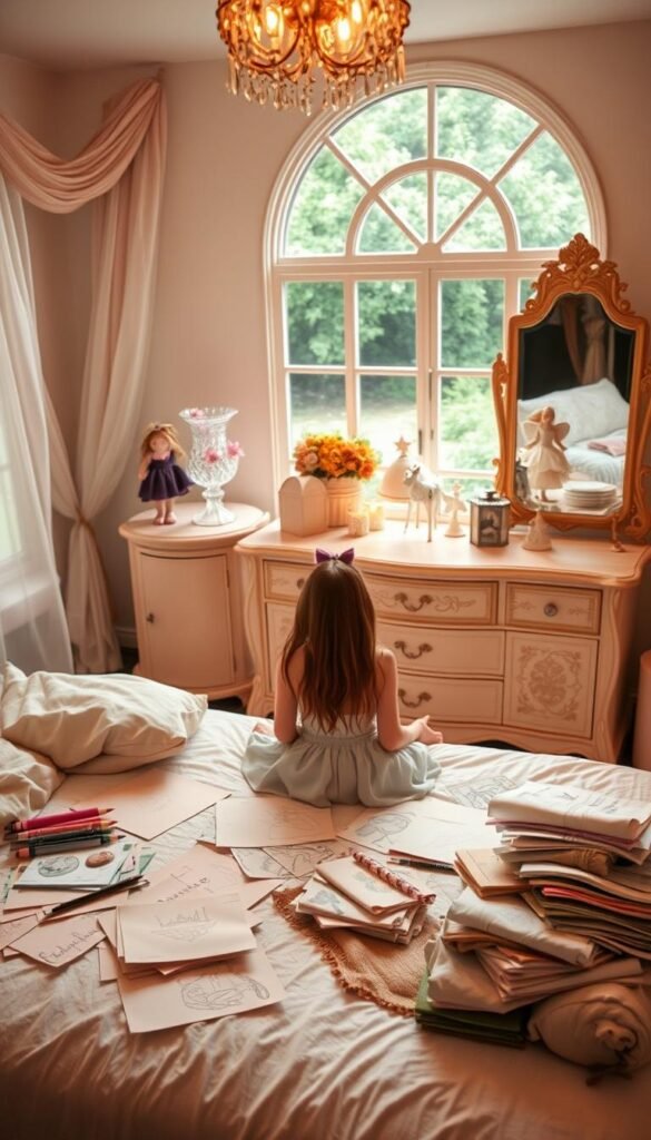 A cozy and inviting bedroom, filled with hints of magic and whimsy. In the foreground, a young girl sits on the bed, surrounded by piles of design sketches and fabric swatches, her imagination alight as she plans her dream princess-themed space. The mid-ground showcases an elegant dresser adorned with crystal vases and enchanting figurines, while the background features a grand, arched window overlooking a lush, verdant garden. Soft, warm lighting filters through sheer curtains, casting a gentle, dreamlike glow over the scene. The overall atmosphere is one of wonder, creativity, and the boundless possibilities of a girl's imagination.