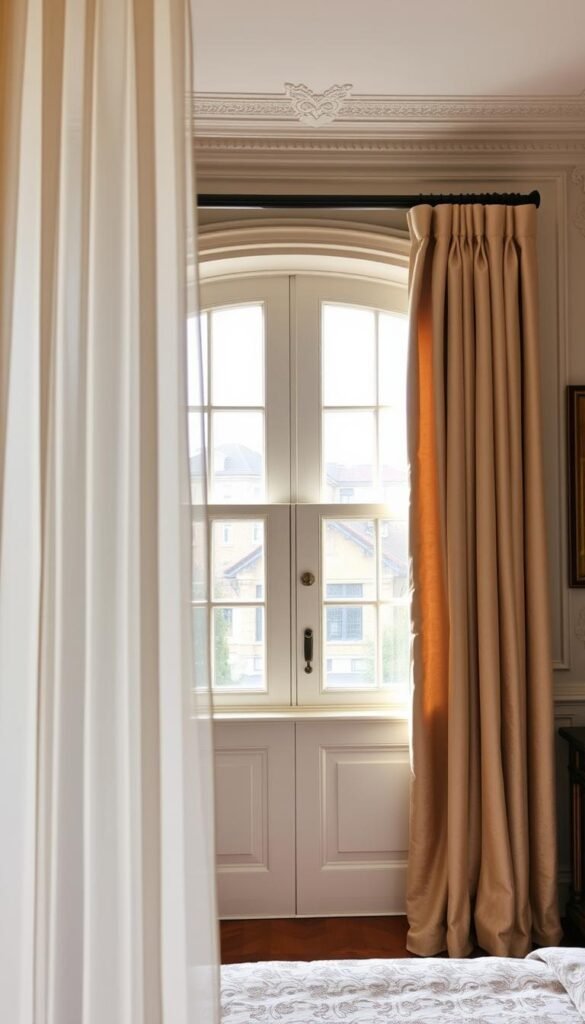 A cozy and inviting bedroom interior, showcasing timeless window treatment styles. In the foreground, delicate sheer curtains in an elegant ivory hue cascade gracefully, diffusing the natural light and creating a serene, ethereal ambiance. The middle ground features a pair of tailored, floor-to-ceiling drapes in a rich, timeless fabric, such as velvet or brocade, in a classic neutral tone that complements the room's decor. In the background, a large, ornate window frame provides a picturesque view, framed by intricate moldings and decorative elements that evoke a sense of timeless elegance. The overall scene is illuminated by a soft, warm lighting that casts a gentle glow, evoking a tranquil and enduring atmosphere.