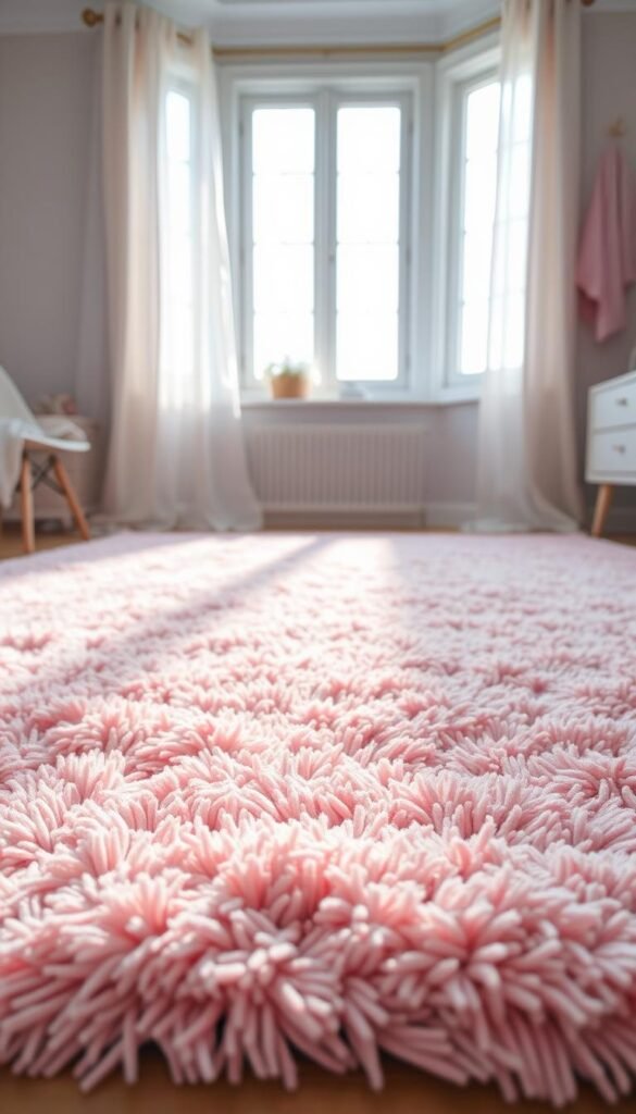 A cozy and inviting bedroom rug with a soft, pastel color palette. The rug has a plush, shaggy texture that invites bare feet to sink into its comforting embrace. The background is a serene, light-filled room with airy curtains and bright, natural lighting filtering in through large windows. The rug is the focal point, its gentle hues of pink, lavender, and soft blue creating a dreamlike, calming atmosphere. The overall scene evokes a sense of tranquility and rest, perfect for a girl's bedroom sanctuary.