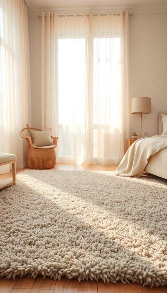 A cozy and inviting bedroom scene with a soft, dove grey rug taking center stage. The rug's plush, shaggy texture invites bare feet to sink in, creating a serene and calming atmosphere. The room is bathed in warm, natural light filtering through sheer curtains, casting a gentle glow across the space. Subtle furniture and decor elements in neutral tones complement the rug, allowing it to be the focal point. The overall mood is one of tranquility and simplicity, perfectly suited for a light and airy bedroom design.