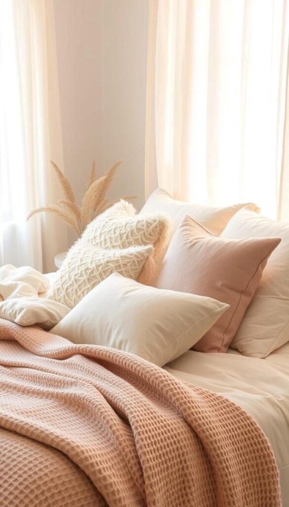 A cozy and inviting bedroom scene with soft, textured pillows and blankets in shades of creamy white, beige, and dusty pink. The pillows are arranged artfully on a plush, neutral-toned bedding set, creating a serene and relaxing atmosphere. Warm, diffused lighting filters through sheer curtains, casting a gentle glow across the scene. The textures of the fabrics, from the fluffy duvet to the intricately woven throws, create a tactile and comforting ambiance. The overall composition evokes a sense of effortless, boho-chic style that invites the viewer to sink in and unwind.